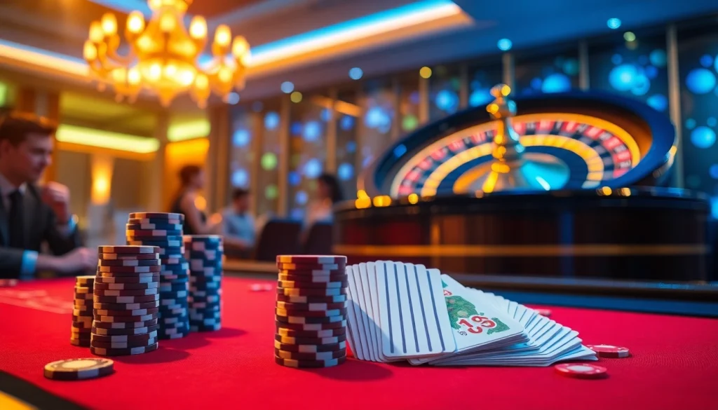 Exciting scene at 999bet gaming table with poker chips and roulette wheel