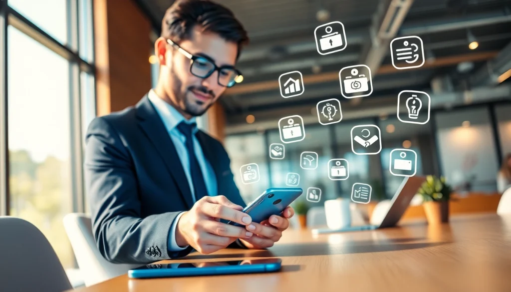 현대적 사무실에서 스마트폰으로 이루어지는 마이크로페이먼트(소액결제) 거래.