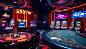 S88VIP online casino showcasing vibrant slot machines and roulette wheel for a high-stakes gaming experience.