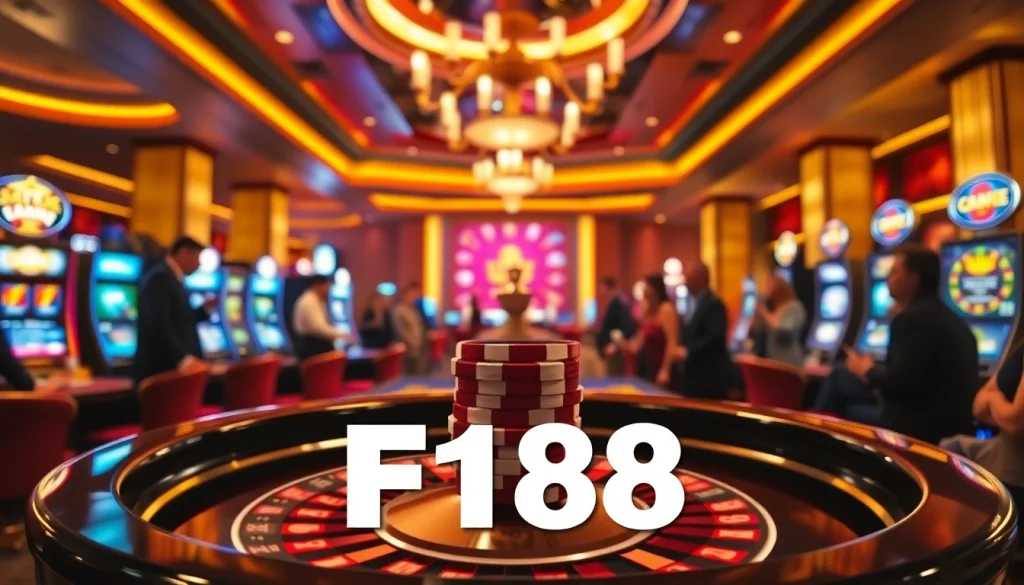 F168 logo displayed prominently in a luxurious casino scene with poker chips and slot machines.