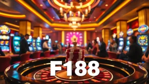 F168 logo displayed prominently in a luxurious casino scene with poker chips and slot machines.