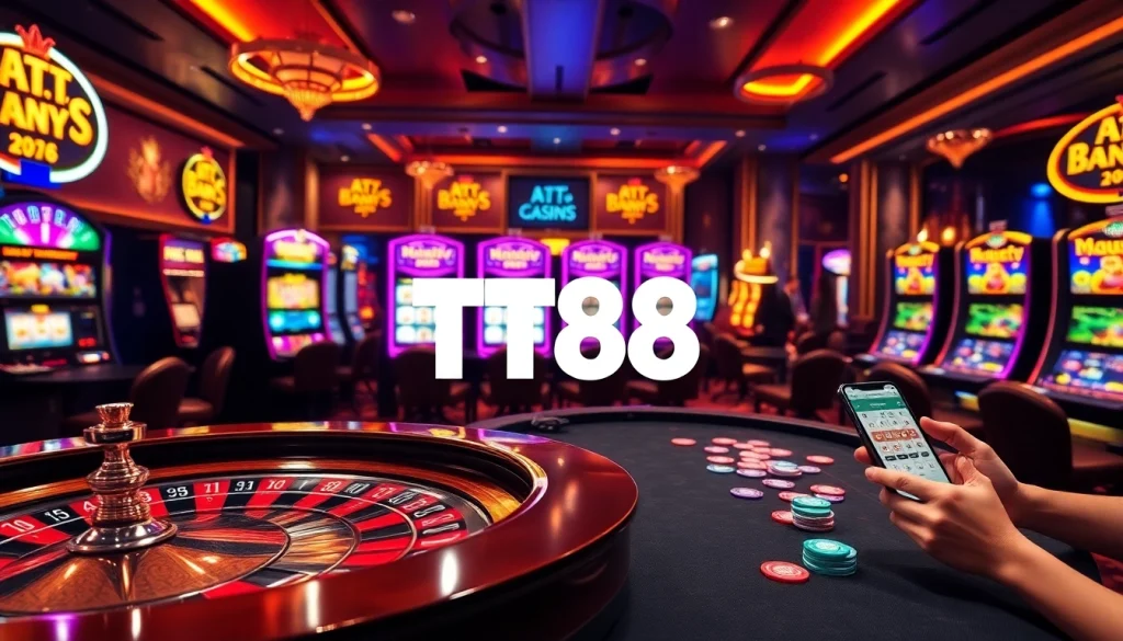Experience the vibrant casino atmosphere at TT88 with roulette wheels, cards, and slot machines.