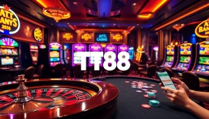 Experience the vibrant casino atmosphere at TT88 with roulette wheels, cards, and slot machines.