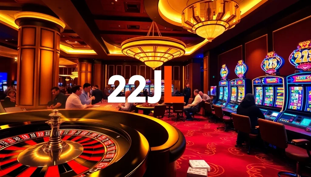 Players enjoying the 22JL app at a lively casino atmosphere filled with excitement.