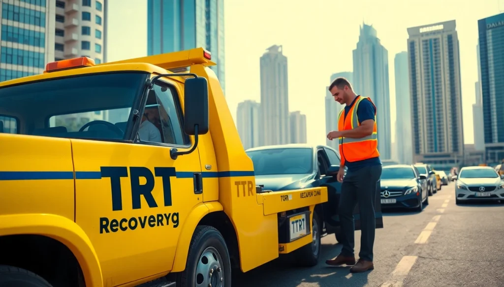 Offer fast roadside assistance with TRT Recovery UAE's reliable services shown in the scene.