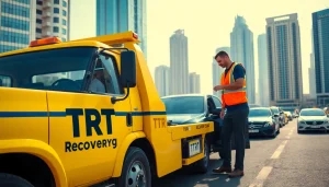 Offer fast roadside assistance with TRT Recovery UAE's reliable services shown in the scene.
