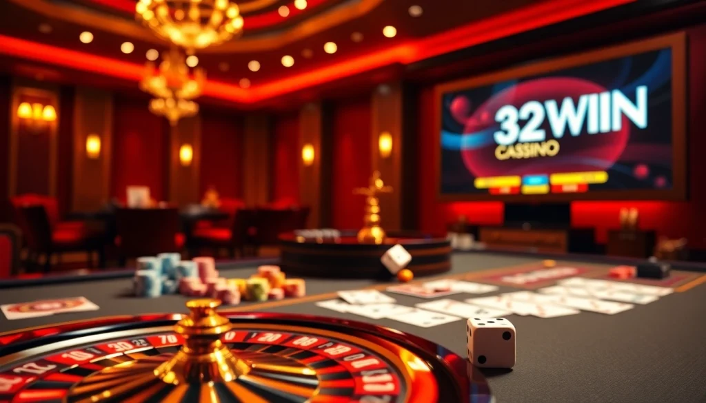 Experience the thrill of winning at 32WIN's luxurious online casino filled with vibrant poker tables and roulette.