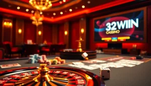 Experience the thrill of winning at 32WIN's luxurious online casino filled with vibrant poker tables and roulette.
