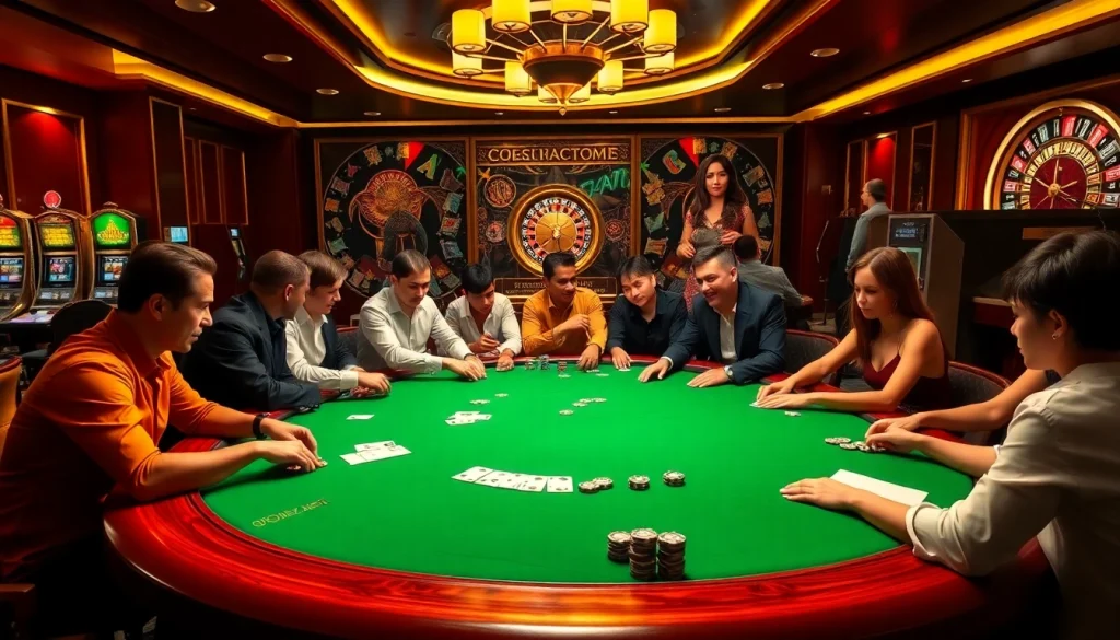 Players engaging at QQ88z Net's high-stakes poker table, showcasing excitement and strategy.