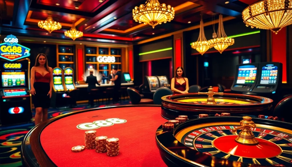 Experience the thrill of GG88 with luxurious casino tables and vibrant gaming atmosphere.