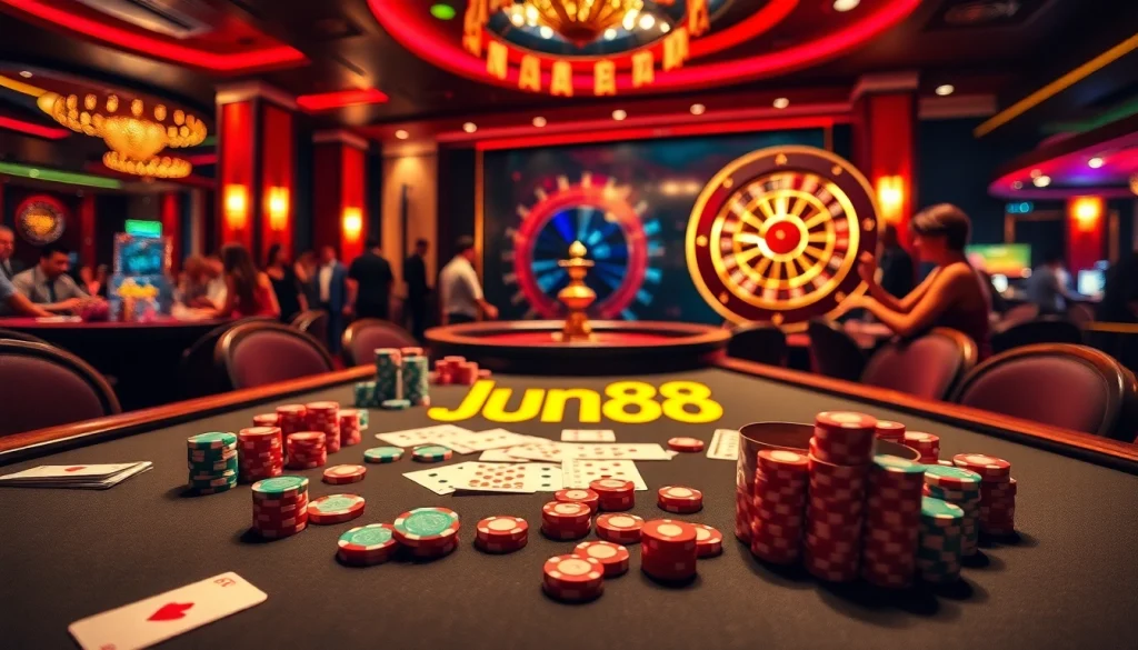 Experience thrilling games at Jun88, featuring vibrant casino tables with cards and chips.