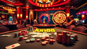 Experience thrilling games at Jun88, featuring vibrant casino tables with cards and chips.