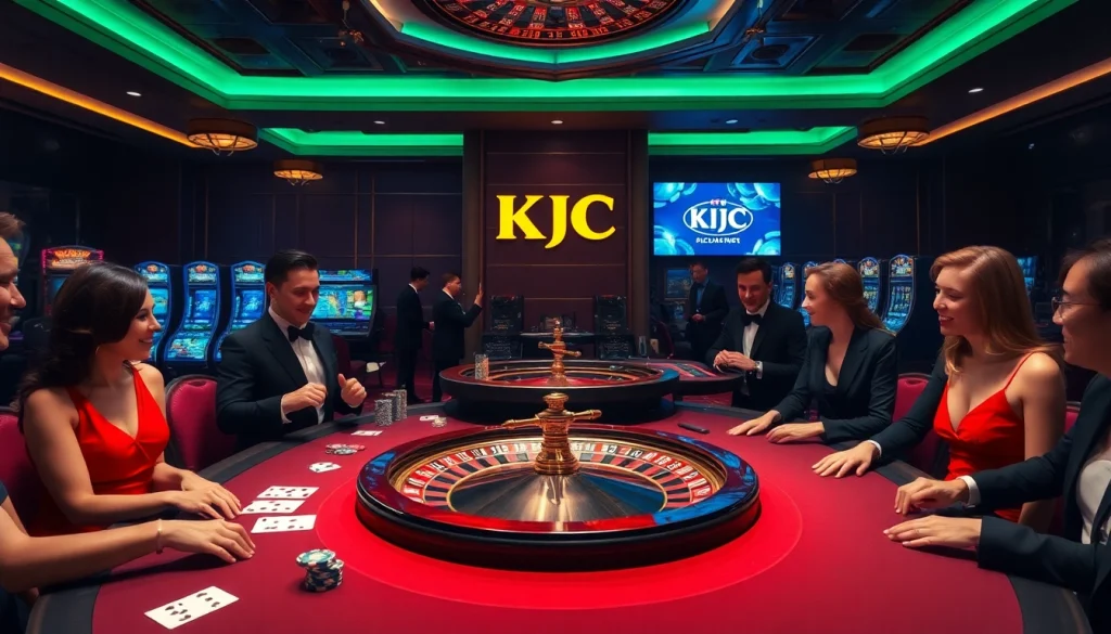 KJC casino scene showcasing players at roulette and poker tables, emphasizing luxury and excitement.