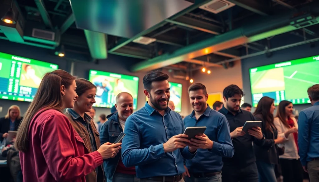 Exciting scene featuring sportsbooks in New Brunswick with bettors engaging and screens displaying live sports.