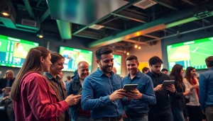 Exciting scene featuring sportsbooks in New Brunswick with bettors engaging and screens displaying live sports.