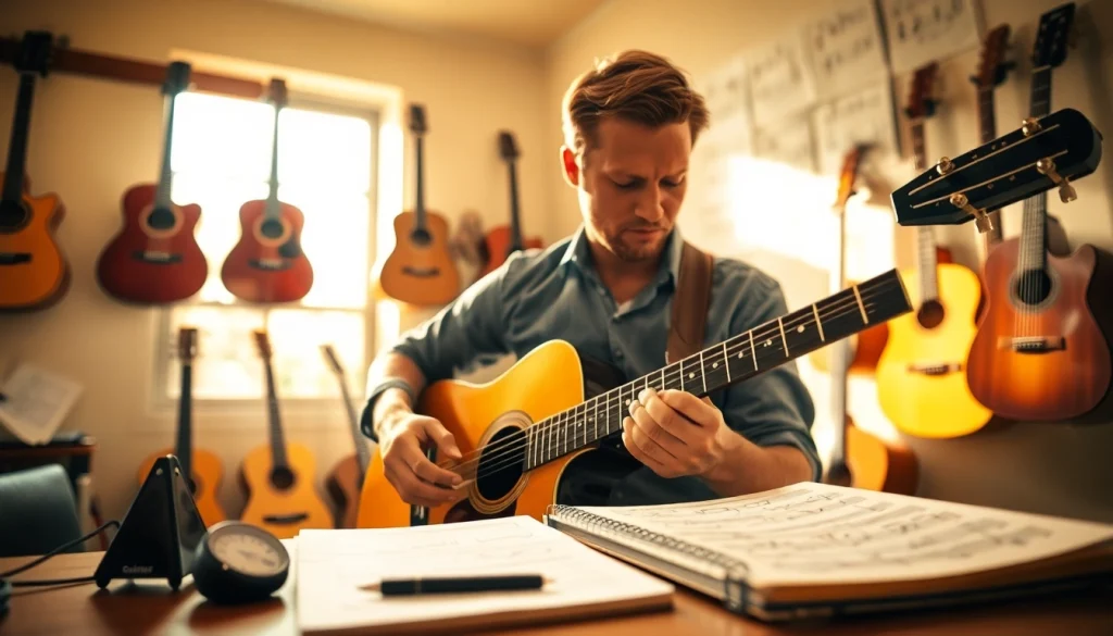 Guitarist playing in a cozy studio environment, showcasing https://guitarlessons.co.uk passion for music.
