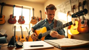 Guitarist playing in a cozy studio environment, showcasing https://guitarlessons.co.uk passion for music.