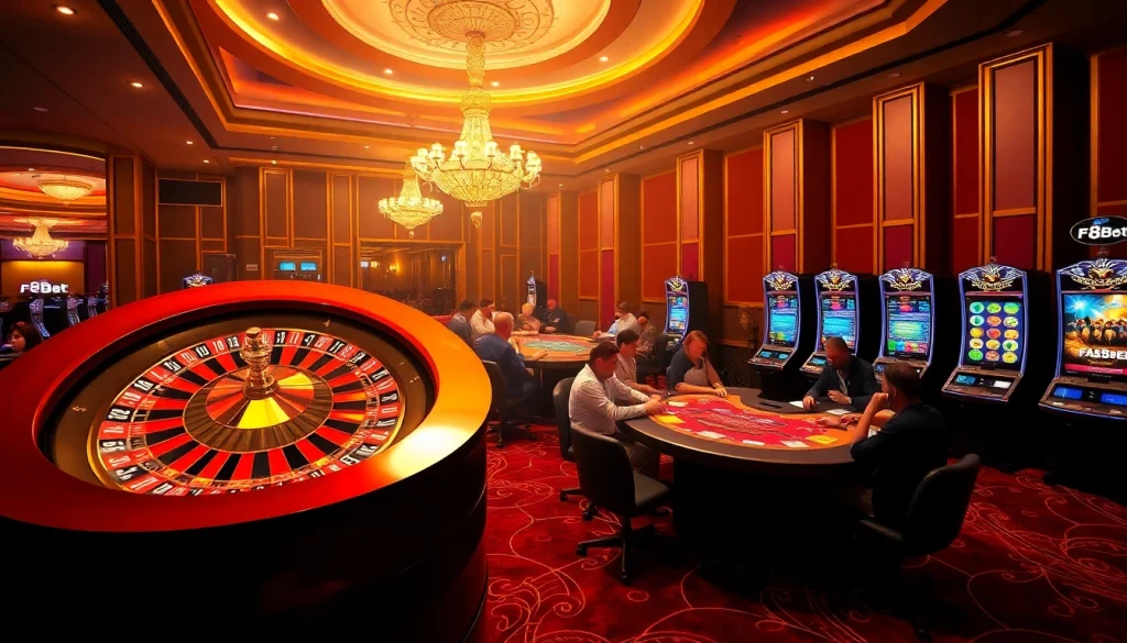 Exciting gambling scene showcasing F8Bet's vibrant atmosphere with poker tables and roulette wheel.