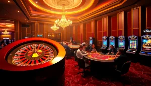 Exciting gambling scene showcasing F8Bet's vibrant atmosphere with poker tables and roulette wheel.