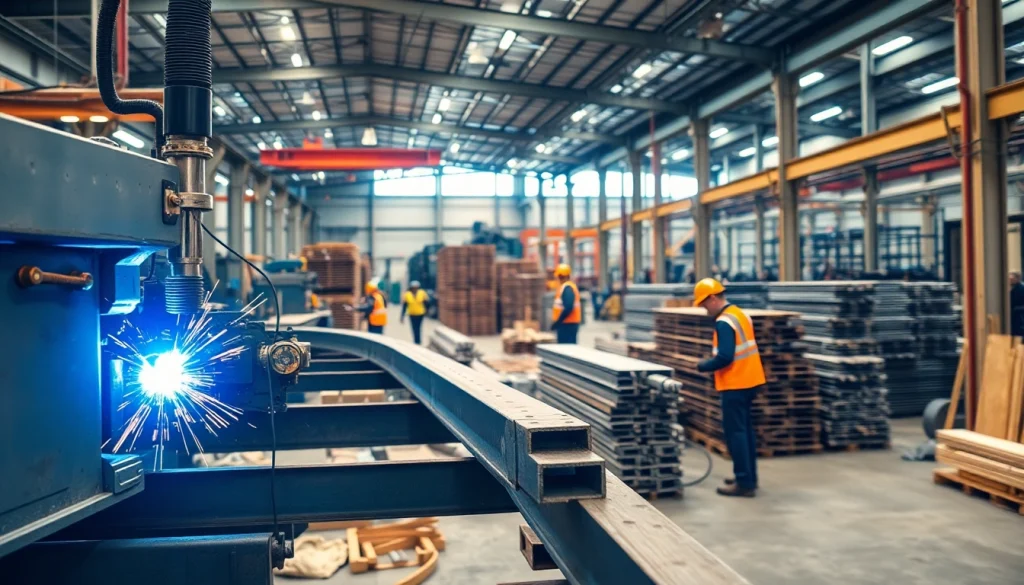 Crafting structural steel fabrication with skilled workers and machinery in a vibrant workshop.