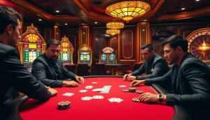 Players enjoying poker at a luxurious casino table on 136bet, showcasing excitement and strategy.