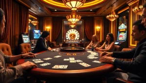 Players enjoying high-stakes poker at a lavish casino table with Go8 branding.