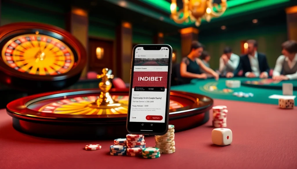 Experience the excitement of betting with the Indibet app on a smartphone amidst a luxurious casino setting.