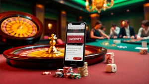 Experience the excitement of betting with the Indibet app on a smartphone amidst a luxurious casino setting.