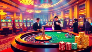 Engaging scene of luxury casino at MM 88 with excited players around roulette table and vibrant slot machines.