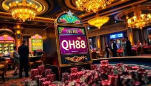 Enjoying Nổ Hũ QH88 at a vibrant slot machine in a luxury casino environment, celebrating big wins.