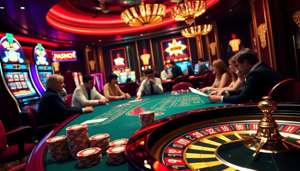 Experience the excitement of go8 com at a luxurious poker table with vibrant slot machines and roulette.