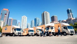 Movers Vancouver organizing and transporting boxes in a bright cityscape.