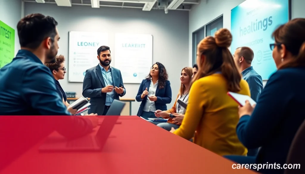 Engaged professionals learning at CareerSprints.com workshop, focused on project management training.