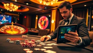 Experience high-stakes gambling at FC88 with an elegant poker table and vibrant roulette wheel.