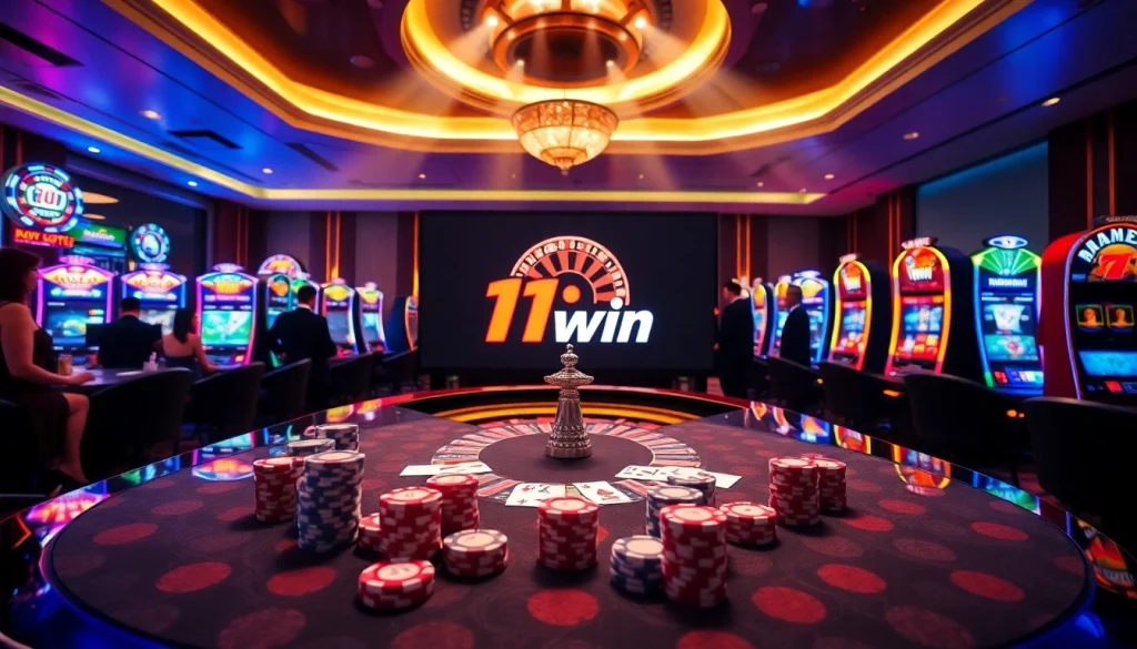 Experience the excitement of gambling at 11win with vibrant casino scenes featuring poker, roulette, and slot machines.