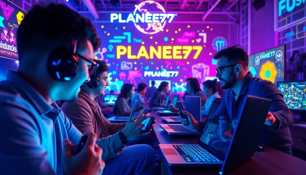 Menggambarkan gamers yang terlibat dalam permainan PLANET77 game dengan perangkat modern.
