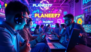 Menggambarkan gamers yang terlibat dalam permainan PLANET77 game dengan perangkat modern.