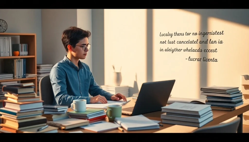 A student focused on writing a 'lucrari licenta' in a calm, organized study environment, emphasizing academic integrity and originality.