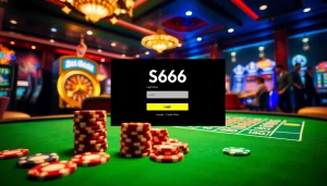 S666 dang nhap interface displayed in a luxurious casino setting with poker chips and roulette.