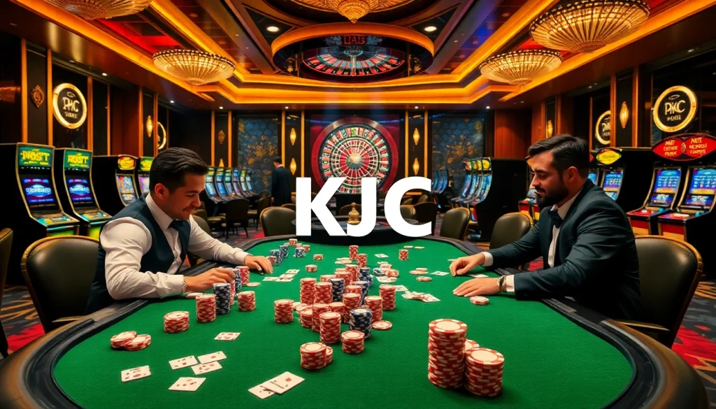 KJC gamblers celebrating a victory at a vibrant poker table with chips and cards.