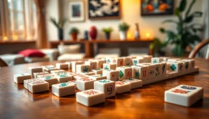 Mahjong tiles indah yang disusun rapi di atas meja kayu, menampilkan momen permainan yang seru.
