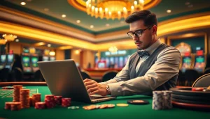 Gambler analyzing nhận định kèo nhà cái odds in an elegant casino environment with vibrant tables.