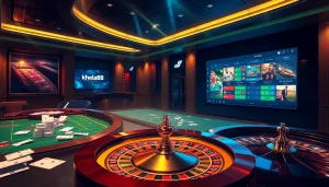 Khela88 offers an engaging online gambling experience with casino tables and sports betting options under dynamic lighting.