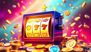 Memperlihatkan pengalaman bermain slot depo 5k dengan mesin slot warna-warni dan simbol mata uang.