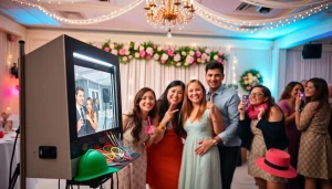 Rent a Photo Booth for a joyful wedding celebration with a decorated backdrop and happy guests.