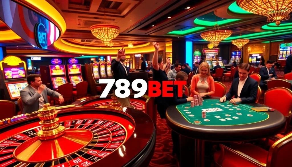 Players enjoying casino games like roulette and poker at 789BET, showcasing a vibrant gambling atmosphere.