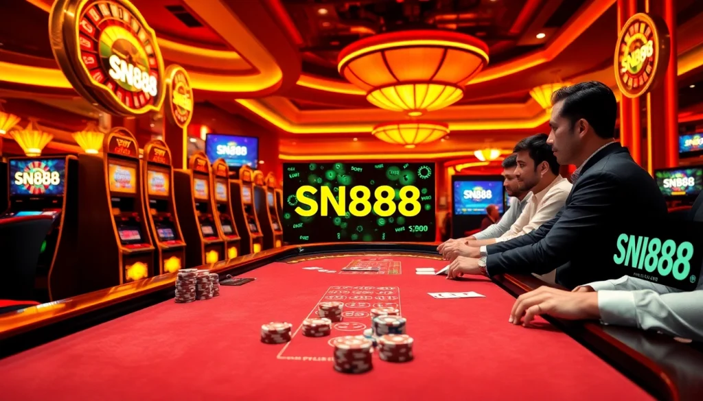 Excited gamblers engaging with SN888 at an illuminated casino table with vibrant slot machines.