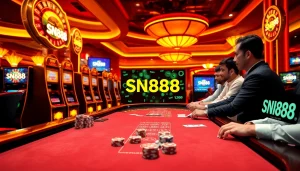 Excited gamblers engaging with SN888 at an illuminated casino table with vibrant slot machines.