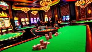 lc88 players engage in a thrilling casino experience with poker chips and vibrant slot machines.