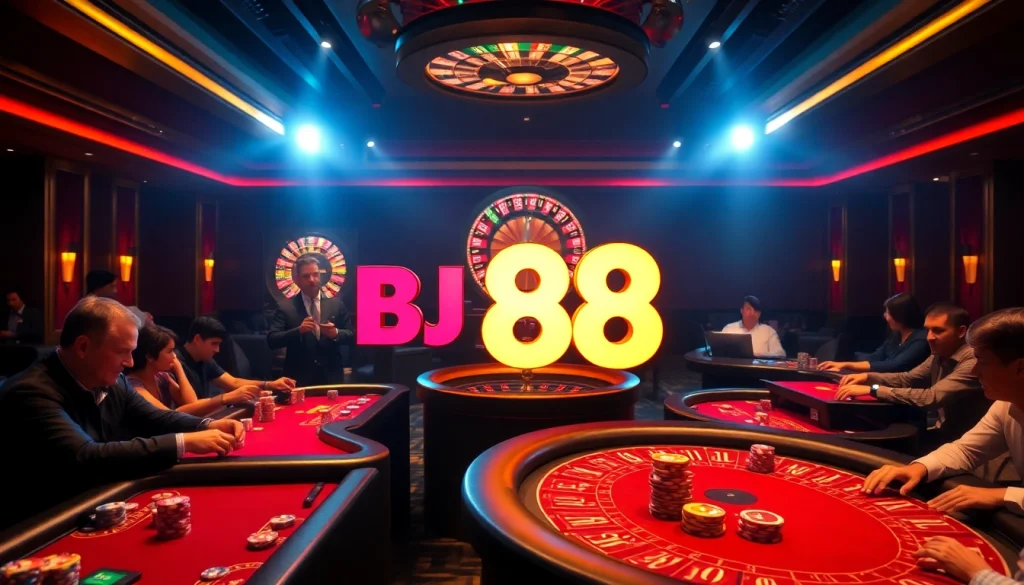 Engaged players at BJ 888 poker tables with vibrant casino ambiance.